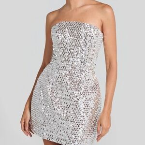 Silver Strapless Sequin Dress